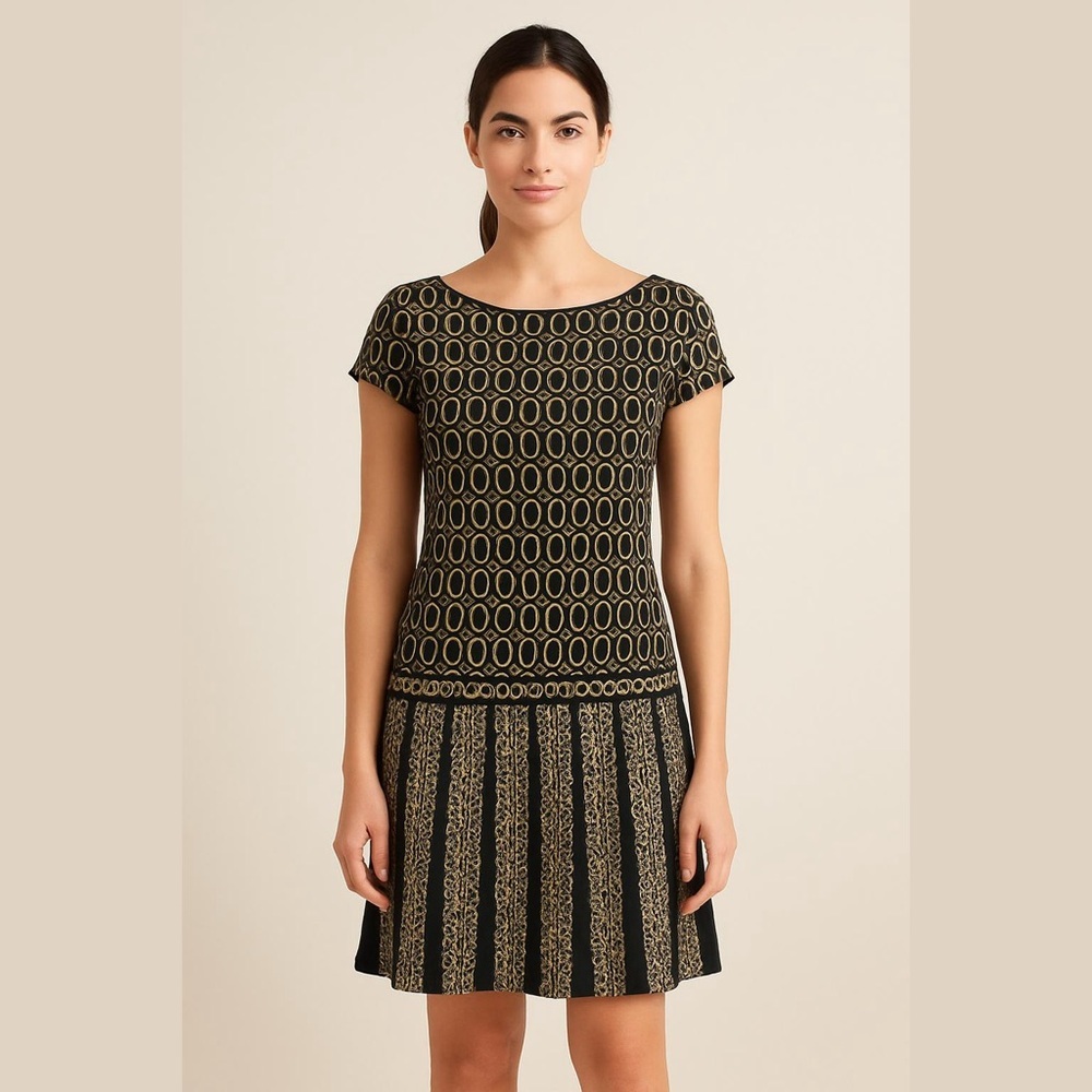 Max Studio Printed Drop Pleat Bateau Neck Stretch Jersey Midi Dress Size M